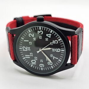 Men's 42MM Military Field Watch Black Case Black Dial‎ Red Black Canvas Bands